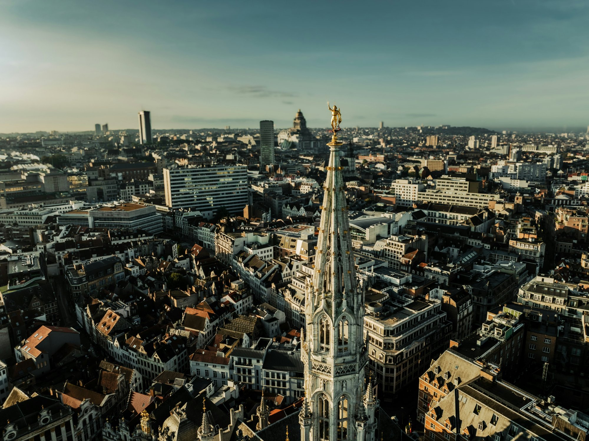 Aerial view of Brussels city centre with the Town Hall spire